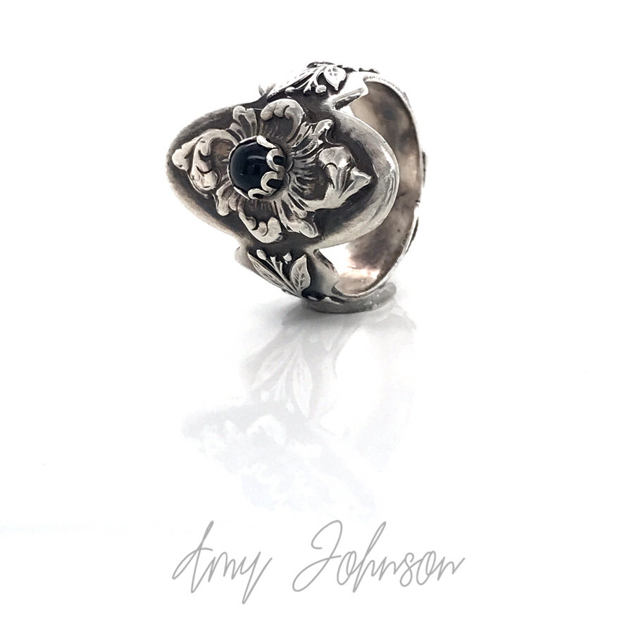 Black Onyx Floral Scroll Ring