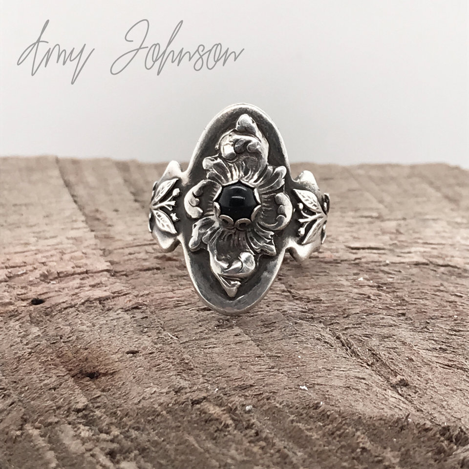 Black Onyx Floral Scroll Ring