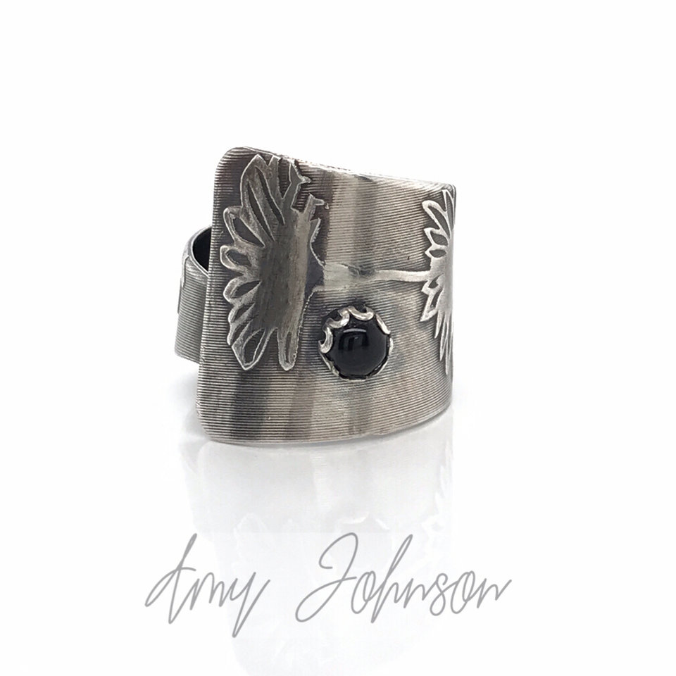 Adjustable Daisy Ring with Black Onyx